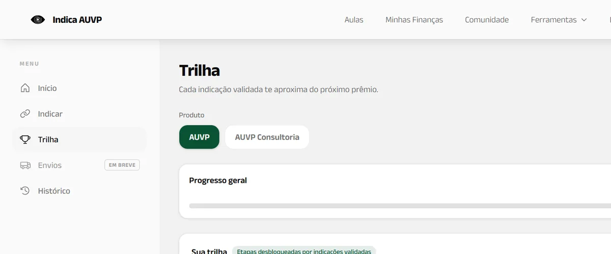 Tela da Trilha no Indica AUVP, com as etapas de prêmios por indicação