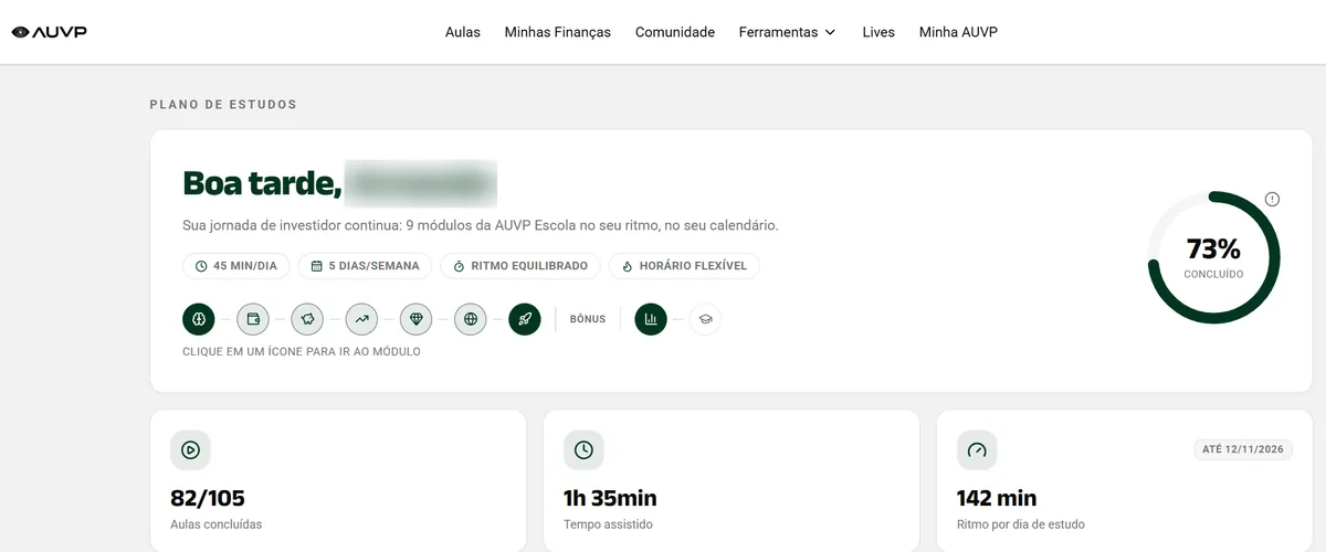 Tela do Plano de Estudos no Minha AUVP, com o progresso do aluno e as aulas concluídas